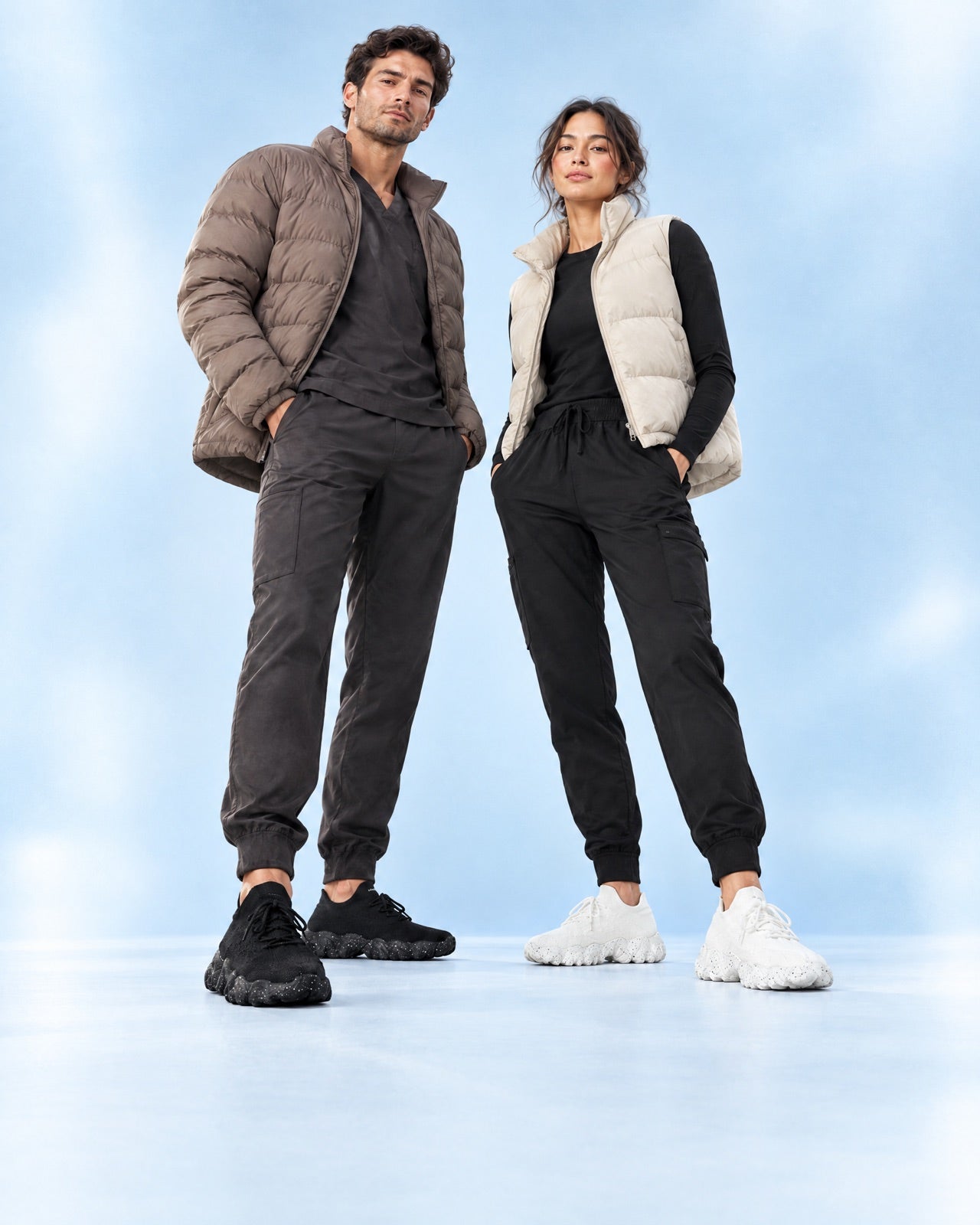 Two people wearing Nurse Babes Ortho Pro 2.0 sneakers in black and white